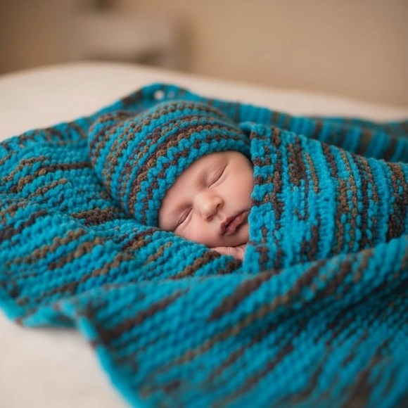 Hand Crafted Other - Hand Crafted Baby Blanket Hat Set Turquoise Blue Brown Chunky Swaddle